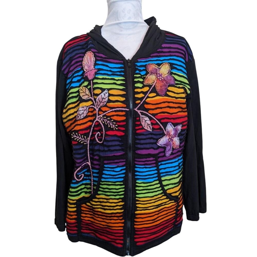 Vintage Rainbow Women's Cotton Knit Hoodie Embroidered Zipper Front  XXL